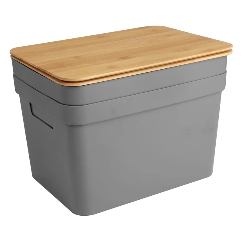 2-Pack Grey 15L Storage Bin With Bamboo Lid, Large 3 2-Pack Grey 15L Storage Bin With Bamboo Lid, Large