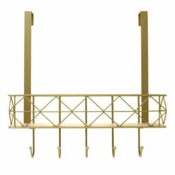 5-Hook Gold Bombay Diamond With Bamboo Brass Basket Over The Door Hanger