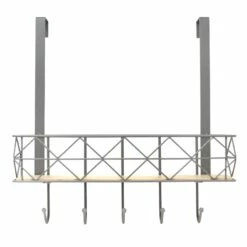 5-Hook Grey Bombay Diamond With Bamboo Wood Basket Over The Door Hanger