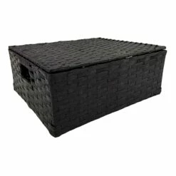Black Paper Rope Rectangle Storage Basket With Lid, Medium