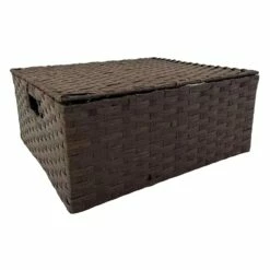 Brown Paper Rope Rectangle Basket With Lid, Medium