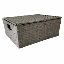Dark Grey Paper Rope Storage Basket With Lid, Medium