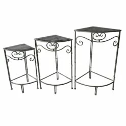 Fan Shaped Wood Top Plant Stand With Rustic Double Tube Metal Leg, Medium