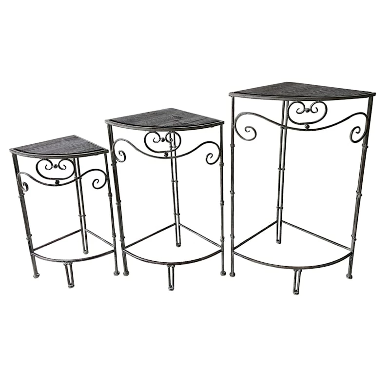 Fan Shaped Wood Top Plant Stand With Rustic Double Tube Metal Leg, Small 3 Fan Shaped Wood Top Plant Stand With Rustic Double Tube Metal Leg, Small