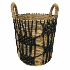 Found & Fable Round Abaca With Black Macrame Storage Basket, Medium