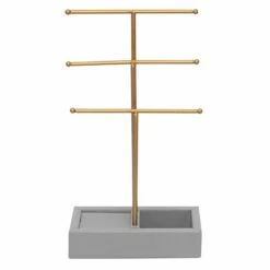Gold Jewelry Tree With Grey Linen Organizer Base, 12"