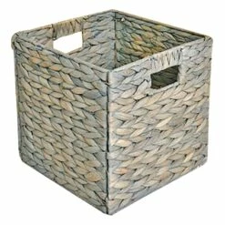 Grey Arrow Weave Water Hyacinth Storage Basket With Cutout Handles, 10.5"