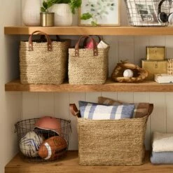 Honeybloom Austin Rectangle Seagrass Storage Basket With Leather Handles, Small -Storage supplies shop honeybloom austin rectangle seagrass storage basket with leather handles small 4