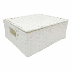 Large Paper Rope Rectangle Basket White With Lid