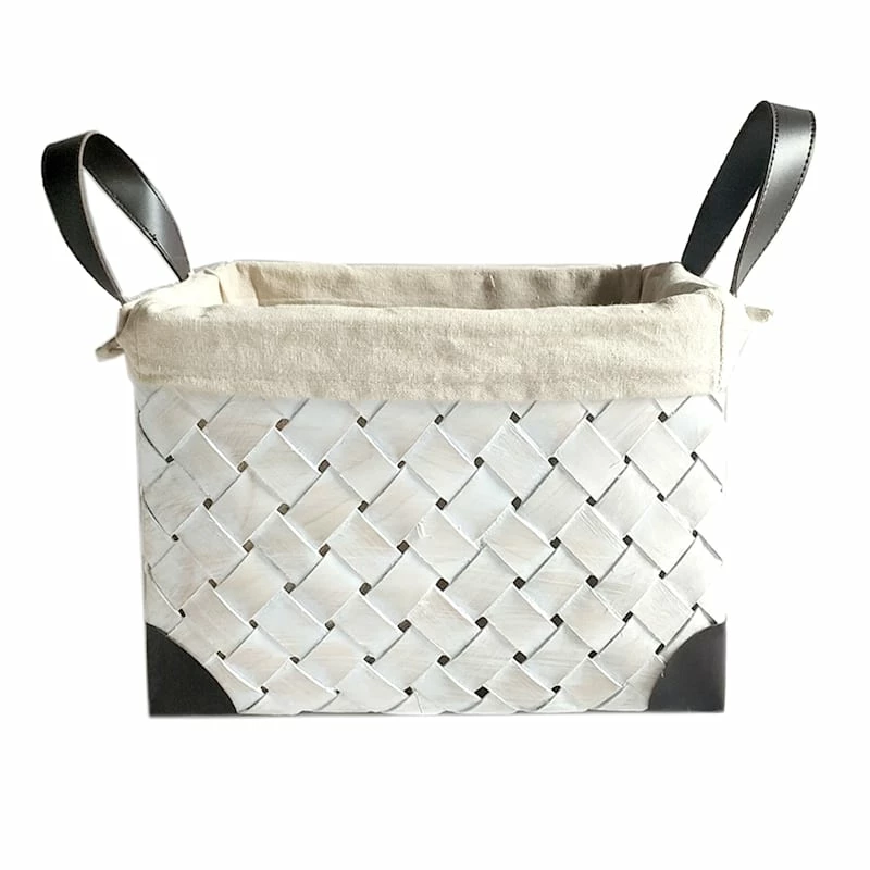 Medium Rectangle Chip Wood Woven Basket/Leather Handle 3 Medium Rectangle Chip Wood Woven Basket/Leather Handle