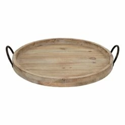 Round Wooden Tray With Metal Handles, 19.5"