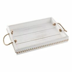 White Faux Wood Decorative Tray With Rope Handles, 16x13