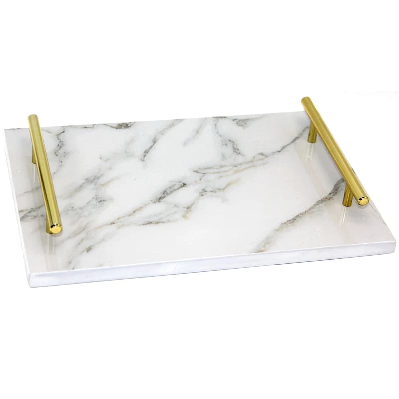 White & Gold Marbled Look Tray, 12x8 3 White & Gold Marbled Look Tray, 12x8