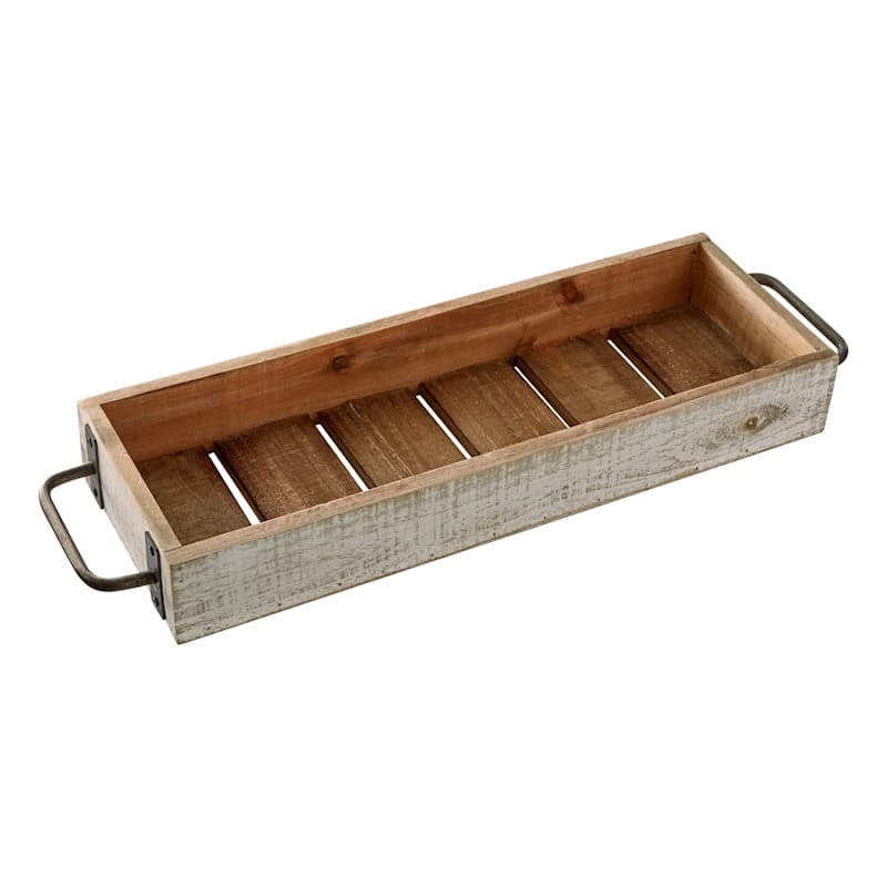 Whitewashed Wooden Tray With Metal Handles, 22x7 3 Whitewashed Wooden Tray With Metal Handles, 22x7